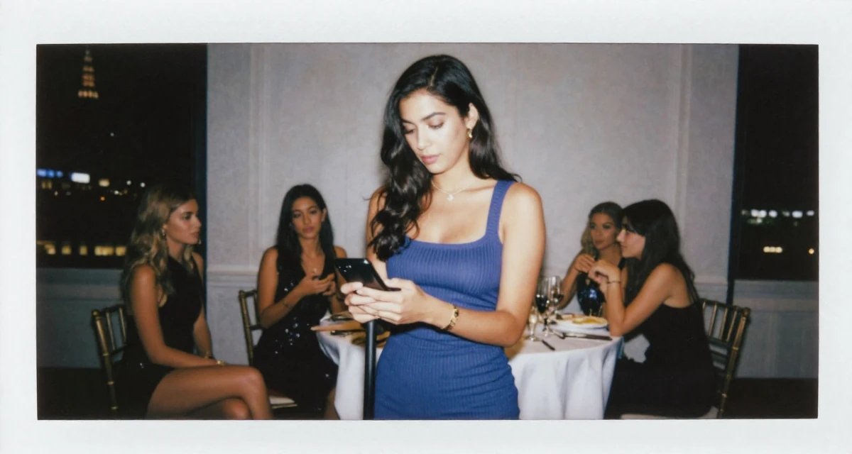 A composed Female From USA, majored in journalism and media studies in their 20, feeling invincible on a night out with friends, wearing a fitted ribbed dress, unlocking a phone screen in a banquet hall.