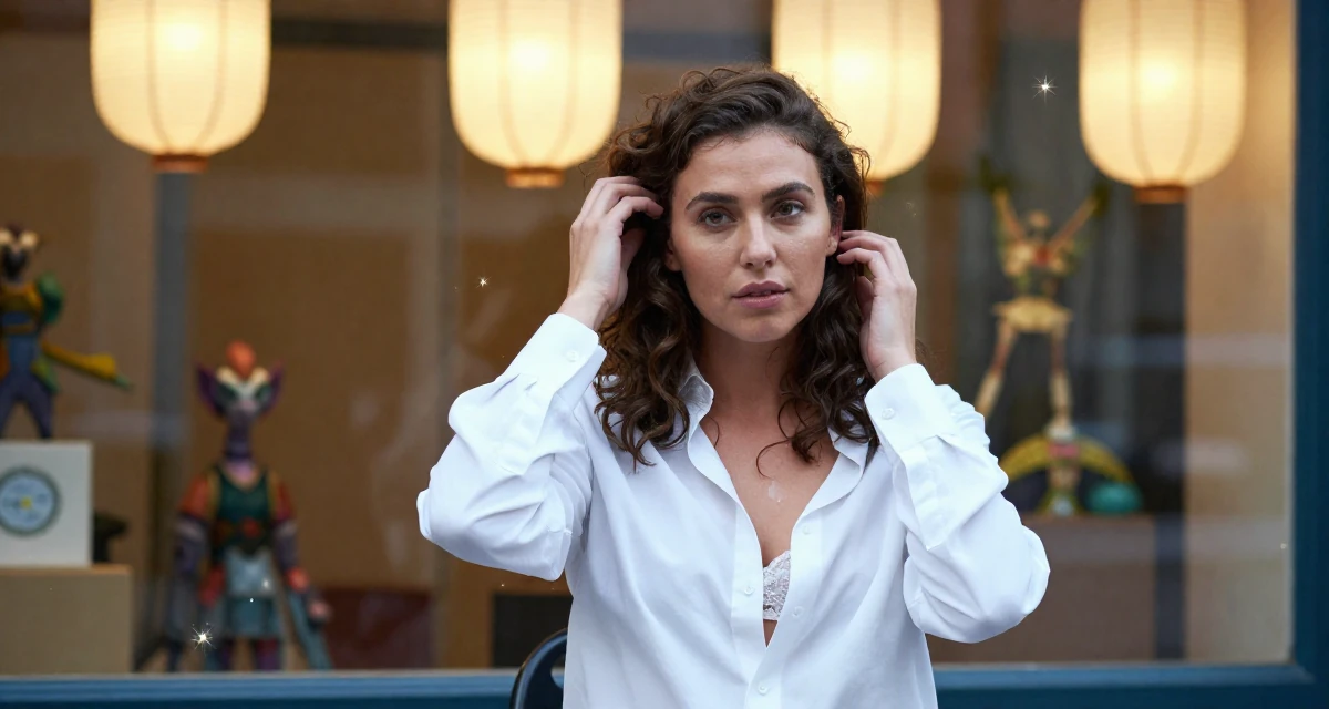 A observant Female From Scotland, studied game design in their 34, exuding quiet confidence and authority, wearing a white button-down shirt worn open over a lace bra, retouching hair volume in a tv set.