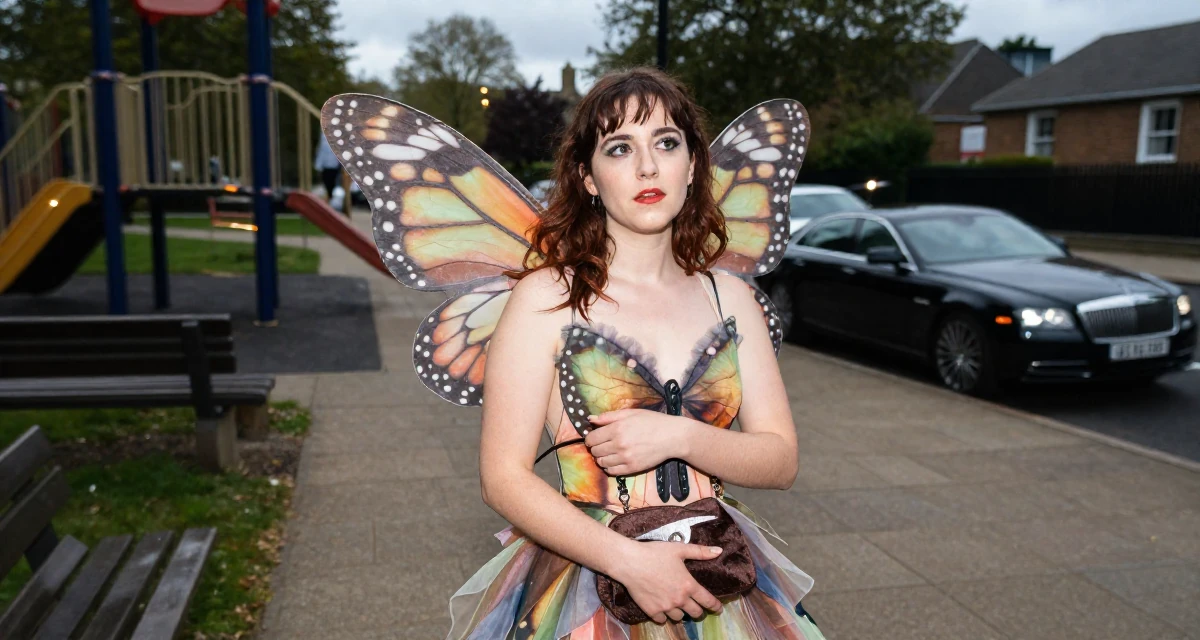 A relaxed and observant Female From UK, has a background in english literature and theatre in their 25, embracing full creative control over a bold persona, wearing a butterfly-themed fairy dress with large wings, holding a purse tightly in a school playground.