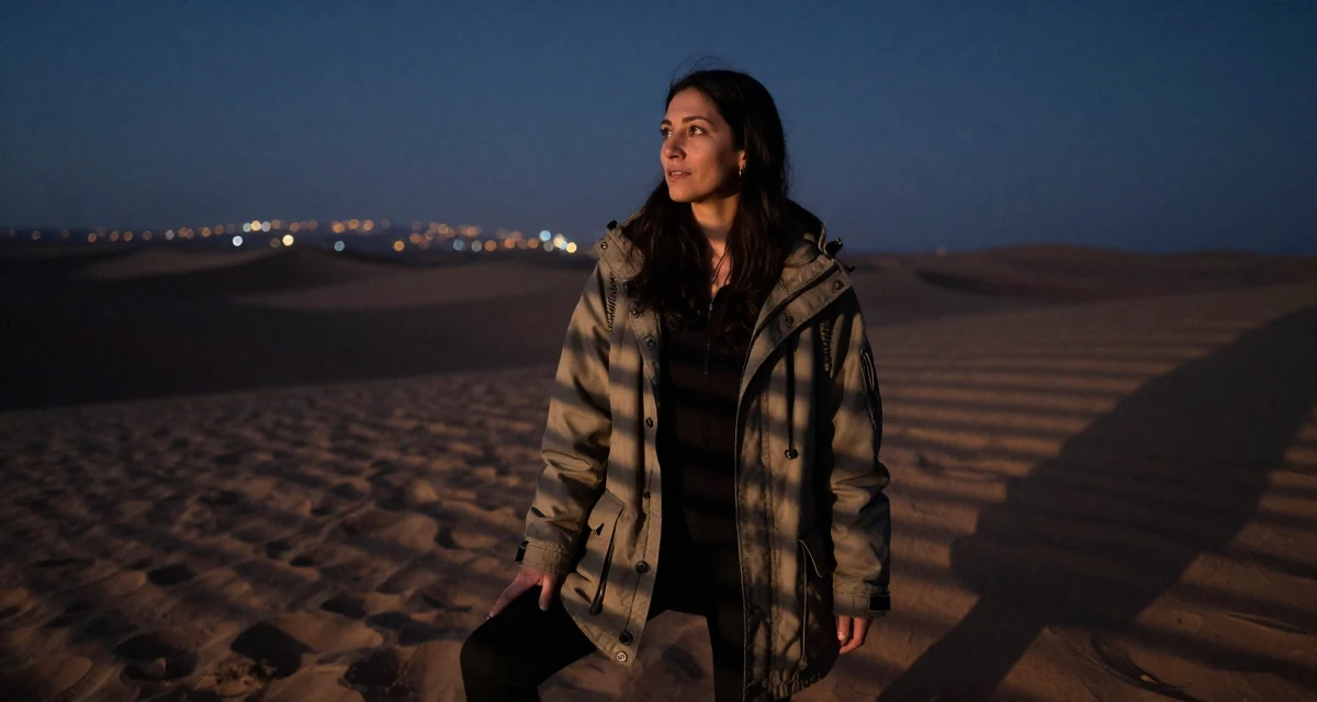 A energetic Female From USA, studied anthropology and folklore in their 49, preparing for a spiritual pilgrimage, wearing a stylish parka jacket, pausing mid-step in a desert landscape.