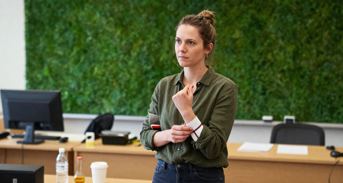 A observant Female From Sweden, trained in interior architecture in their 33, creating content about healthy meal prepping, wearing a refined casual Friday look, fixing a cufflink in a lecture hall.