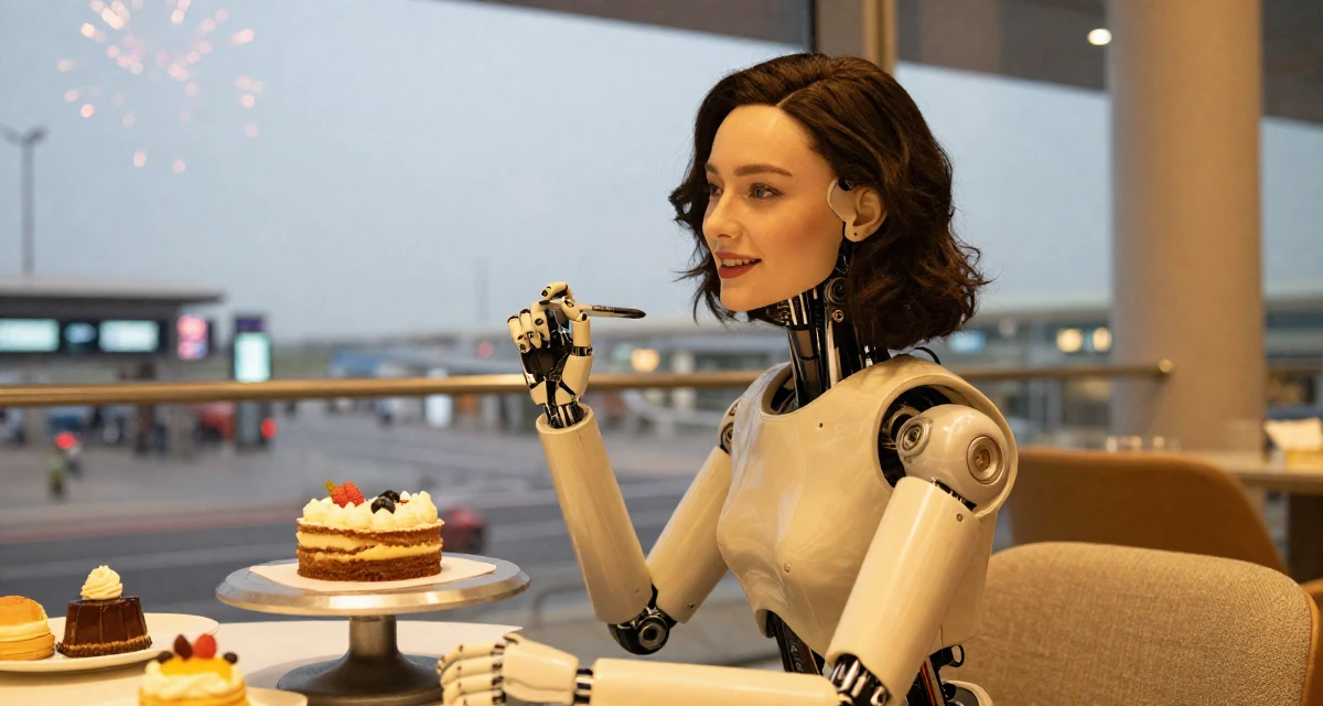 A grateful Female Previously a pastry student, now blending dessert aesthetics with lifestyle content in their 35, passionate about classical music and art, wearing a cybernetic doll outfit with porcelain-like skin textures, holding a pen in a airport terminal.