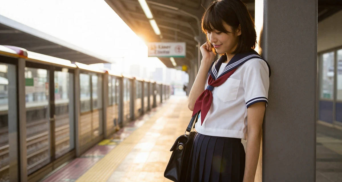 A satisfied Female Former Uber driver, now building slow-burn lifestyle storytelling in their 29, carrying invisible pressure to stay relevant, wearing a Japanese school sailor uniform (seifuku) with a pleated skirt, clutching a clutch bag in a subway platform.