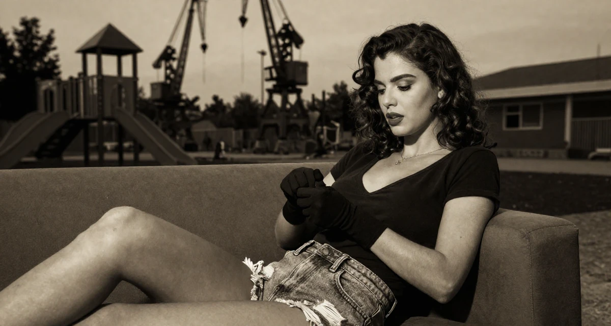 A engrossed Female From Greece, based in Athens, graduated from a design academy majoring in romantic-themed media in their 23, experimenting with soft teasing videos, wearing a deep v-neck t-shirt and distressed denim shorts, removing a glove in a school playground.