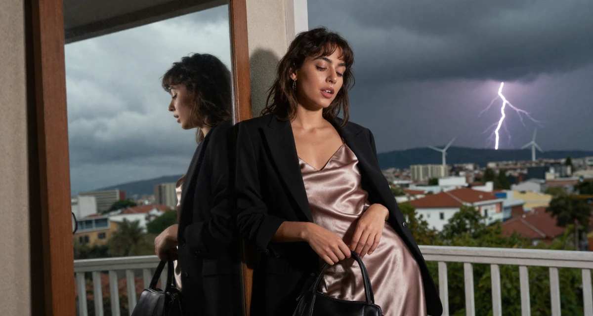 A open and honest Female From Colombia, based in Cali, graduated from a local arts school majoring in glam-focused digital media in their 25, trying to build an aesthetic that feels authentic, wearing a satin slip skirt paired with a structured blazer, closing a bag in a front porch.