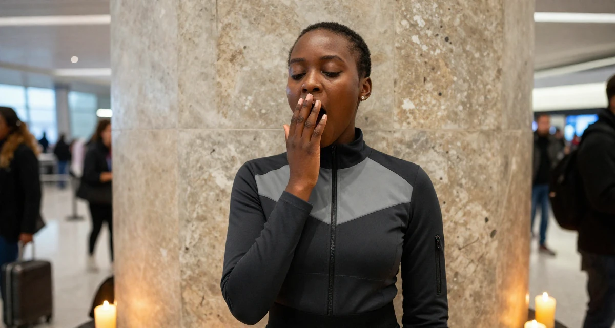 A cool and collected Female From Zambia, majored in marketing communication in their 25, treating sensual content as art, not pressure, wearing a modern tech-wear inspired look, yawning discreetly in a airport terminal.