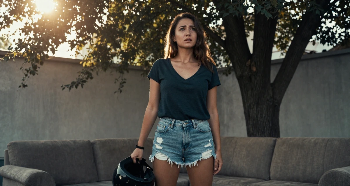 A awestruck Female From Kazakhstan, based in Almaty, graduated from a state university majoring in journalism in their 33, embracing a solo travel lifestyle, wearing a deep v-neck t-shirt and distressed denim shorts, holding a helmet in a sunlit living room.