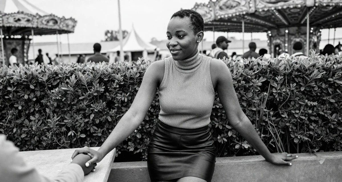A quietly happy Female From Nigeria, majored in business communication in their 38, focused on longevity and holistic wellness, wearing a fitted turtleneck sleeveless top and a leather mini skirt, holding hands with someone unseen in a carnival with rides.