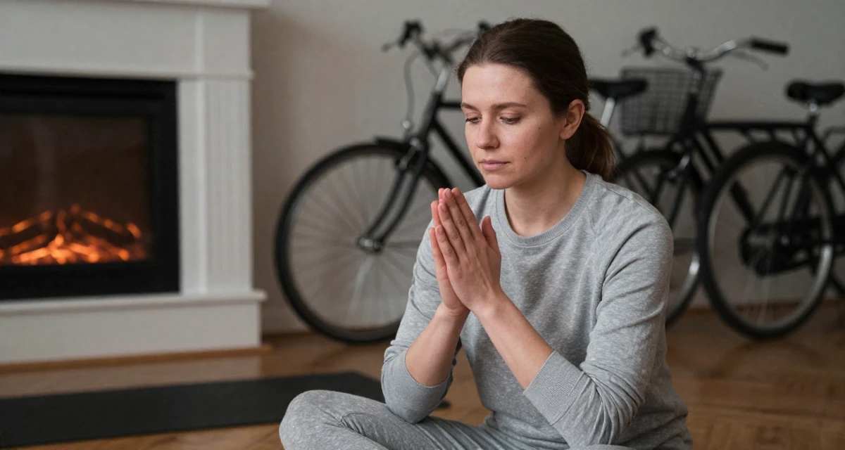 A thoughtful Female From Russia, holds a degree in graphic design in their 24, healing from past emotional wounds, wearing a grey tones casual wear, rubbing hands together for warmth in a yoga studio.