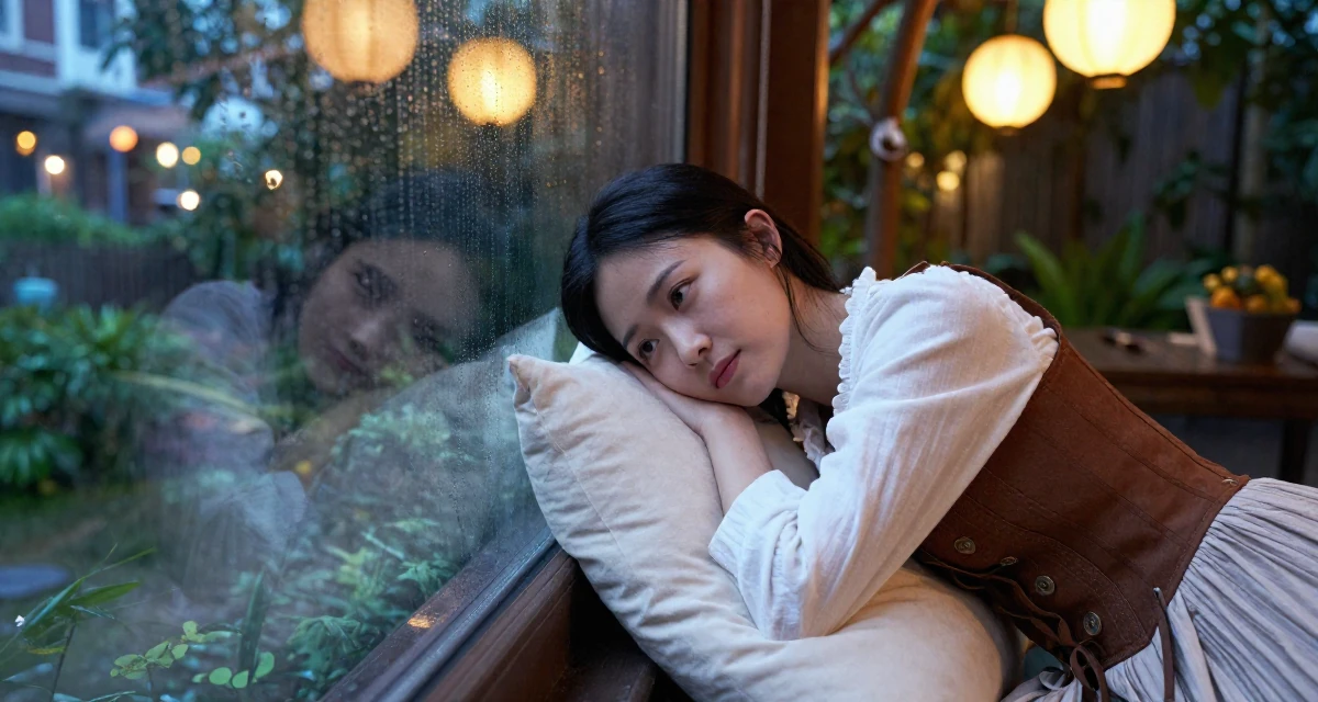 A sympathetic Female From Shanghai China, majored in journalism in their 29, managing emotional burnout disguised as “taking a break”, wearing a peasant girl corset dress with a white blouse, looking at a reflection in a window in a backyard garden.