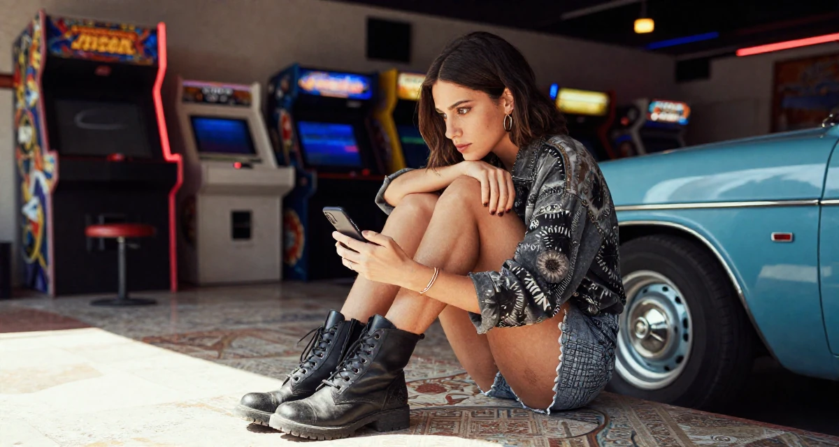 A aloof but intriguing Female From Córdoba Argentina, studied biomedical engineering in their 24, refining a signature style between classy and daring, wearing a edgy street style with boots, scrolling casually in a arcade room with neon lights.