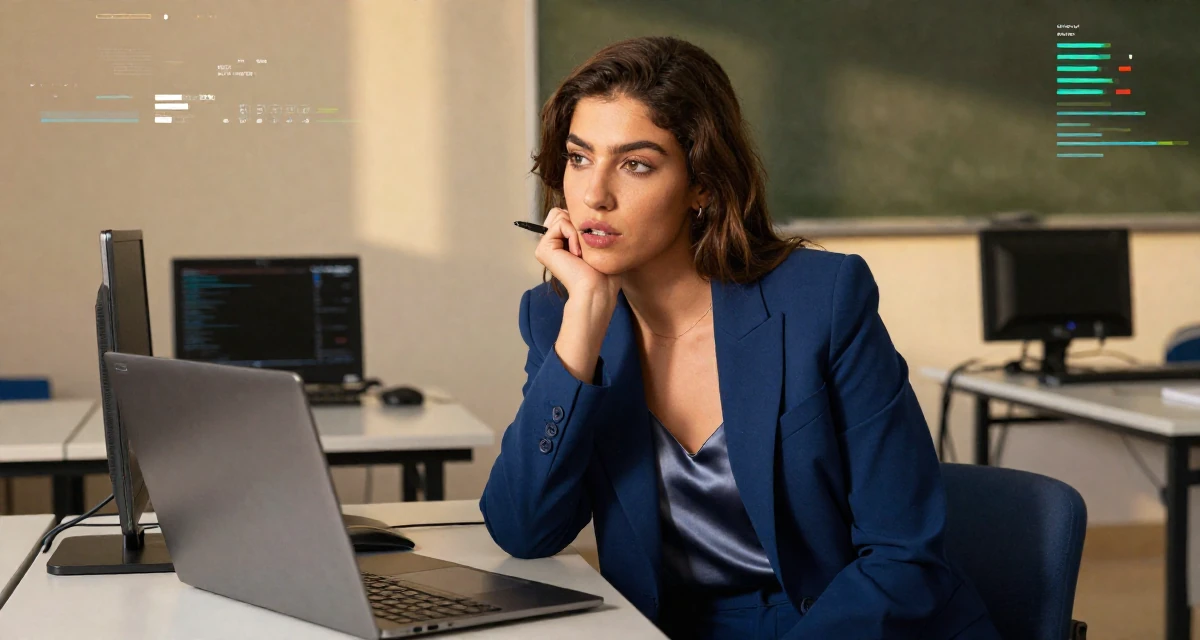 A refreshed Female Raised in Morocco, studied international marketing in their 26, feeling the shift from junior to mid-level expectations, wearing a crisp navy blue blazer over a silk camisole and trousers, chewing on a pen thoughtlessly in a classroom setting.