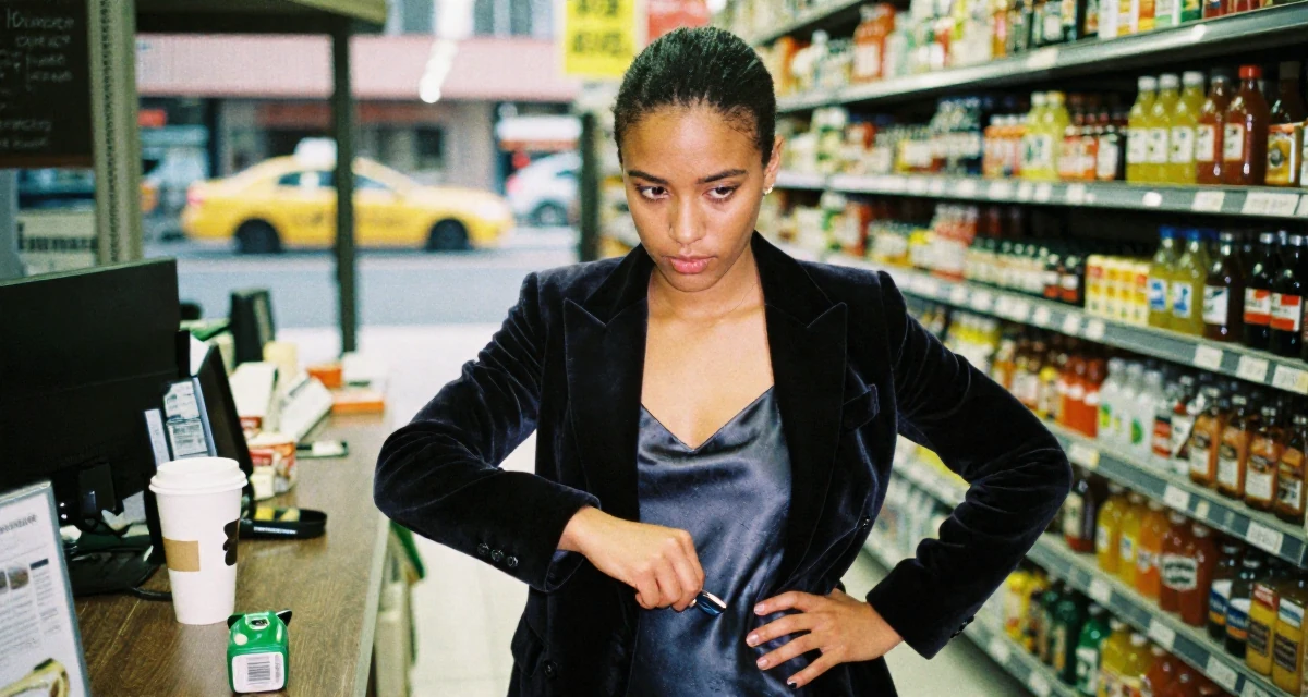 A curious and focused Female Born in Haiti, majored in international relations in their 25, rethinking long-term career trajectory, wearing a velvet blazer and a silk slip dress, fixing a cufflink in a supermarket aisle.