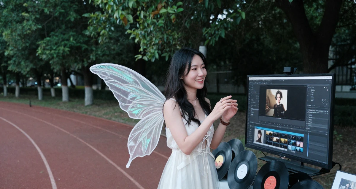 A delighted Female Born Chinese-speaking regions, studied strategic communication in their 31, teaching photography and editing skills, wearing a fairy costume with translucent iridescent wings, playing with a ring in a running track.