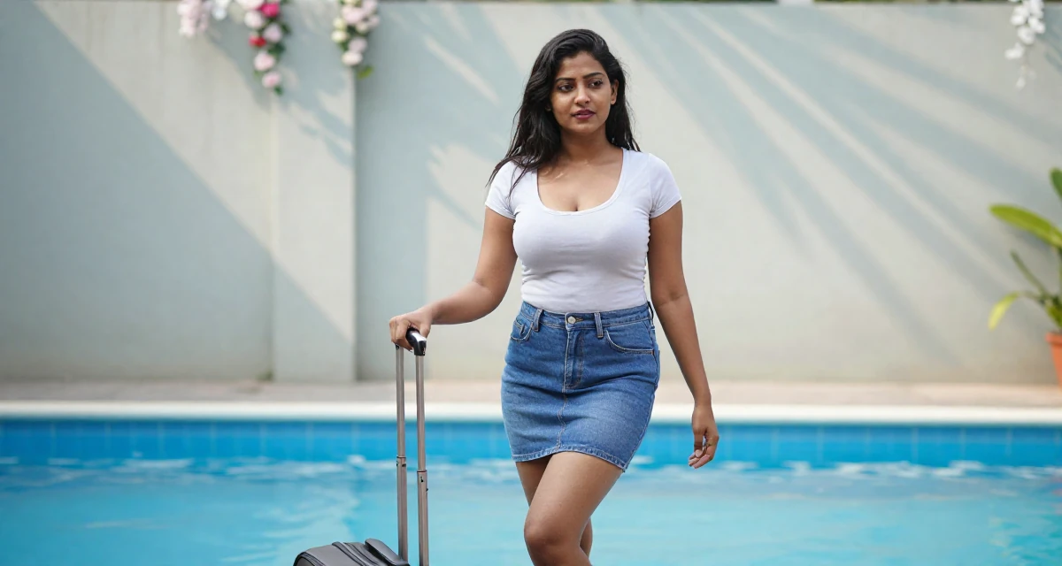 A sensual Female From Bangladesh, based in Chittagong, graduated from a technical college majoring in graphic design in their 49, celebrating a life of resilience and grit, wearing a fitted scoop neck tee and a denim mini skirt, polling a luggage handle in a swimming pool.