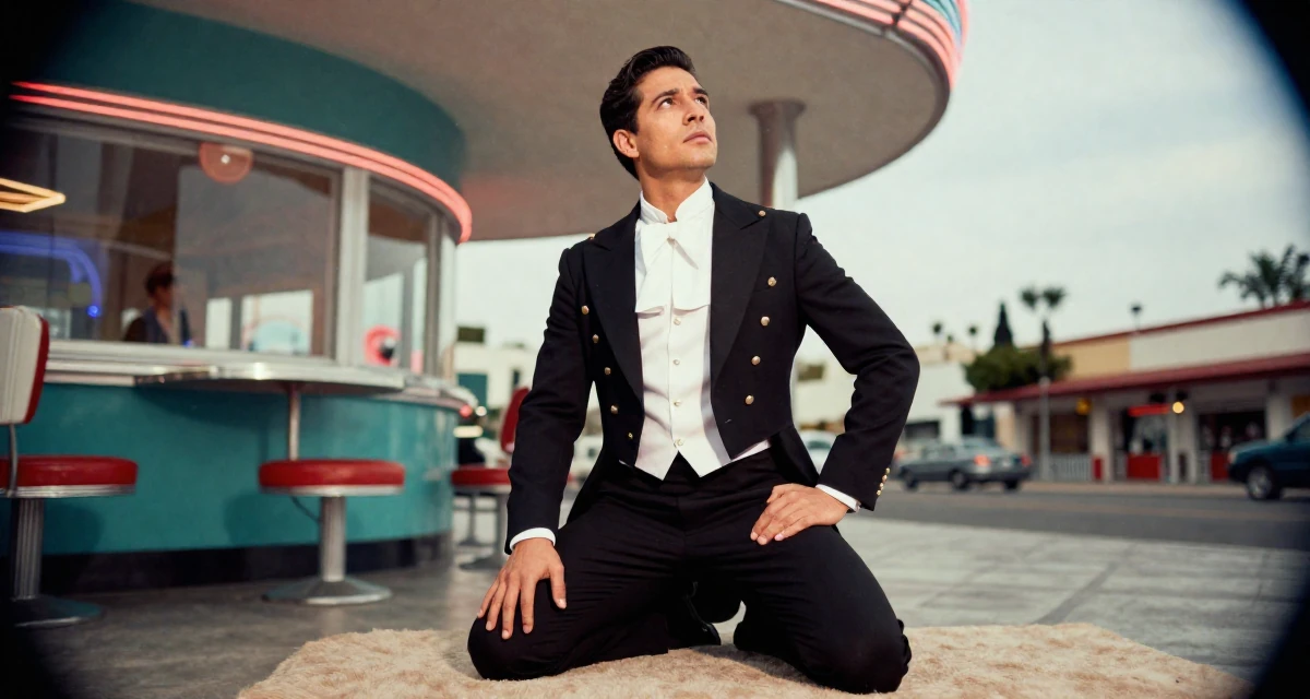 A assertive male From Mexico, majored in law in their 22, choosing bolder themes with more creative direction, wearing a circus ringmaster outfit with a tailcoat, looking up at the sky in a retro 50s diner.