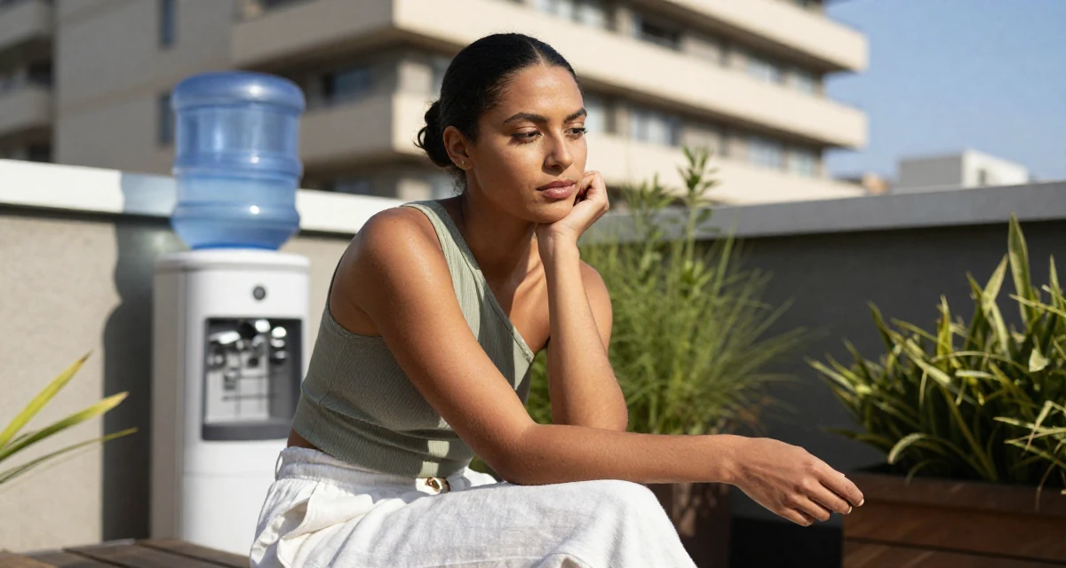 A reflective Female From Johannesburg South Africa, majored in sport management in their 34, exploring the world of digital art and NFTs, wearing a one-shoulder fitted top and white linen trousers, picking something up in a rooftop garden.