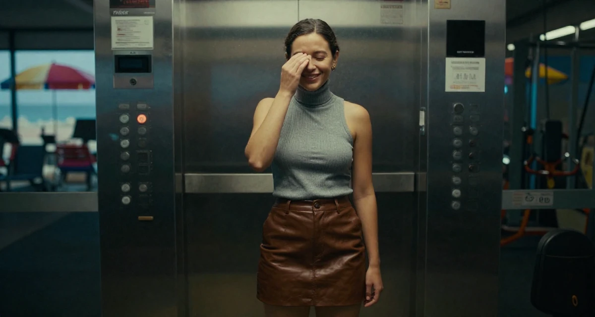 A relaxed and happy Female Former geography club member, now producing exploration-themed content in their 25, exploring personal identity for the first time, wearing a fitted turtleneck sleeveless top and a leather mini skirt, rubbing eyes in a gym interior.