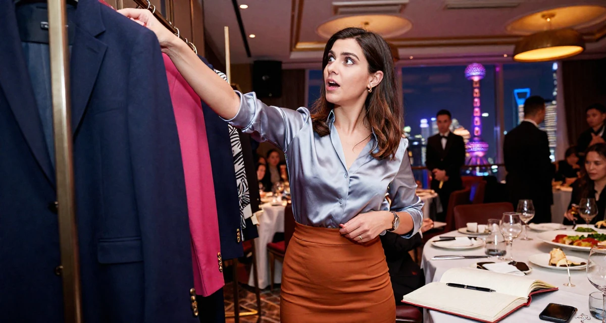 A eager Female Grew up in Croatia, studied interaction design in their 24, curating a specific high-end lifestyle, wearing a tight pencil skirt and a tucked-in silk blouse, buttoning a jacket in a banquet hall.