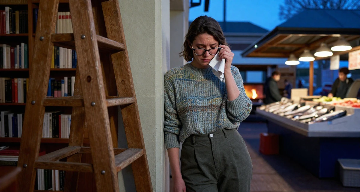 A sorrowful Female From Germany, studied information engineering in their 25, standing tall with newfound self-assurance, wearing a vintage sweater and high-waist pants, cleaning glasses with a cloth in a old library with wooden ladders.