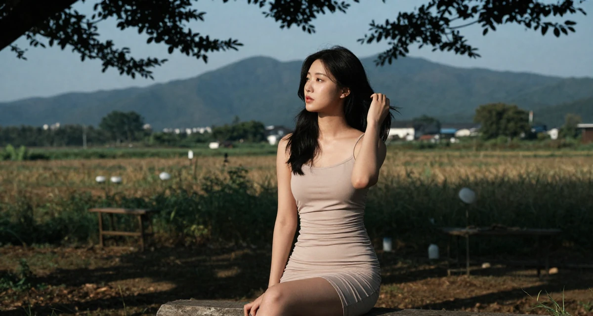 A thoughtful Female From South Korea, has a background in cosmetics chemistry in their 26, chasing the digital nomad lifestyle dream, wearing a ruched mini dress that accentuates the figure, fixing a loose strand of hair in a farm field.