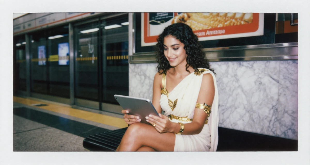 A satisfied Female From Dubai UAE, majored in marketing in their 23, balancing bold expression with emotional boundaries, wearing a greek goddess toga with gold leaf accessories, holding a tablet device in a subway platform.