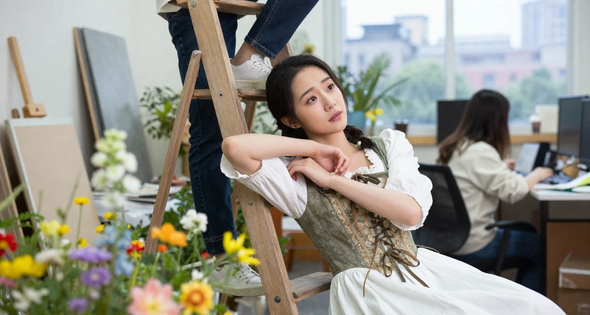 A soulful Female From Shanghai China, majored in journalism in their 28, feeling behind while peers climb stable career ladders, wearing a peasant girl corset dress with a white blouse, adjusting sleeves in a messy artist studio.