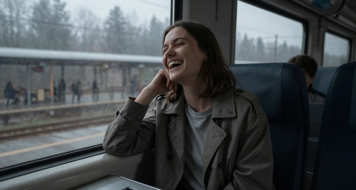 A dignified Female Born in Ukraine, majored in creative communication in their 23, investing more time in self-marketing, wearing a structured jacket with casual tee, laughing uncontrollably in a train carriage.