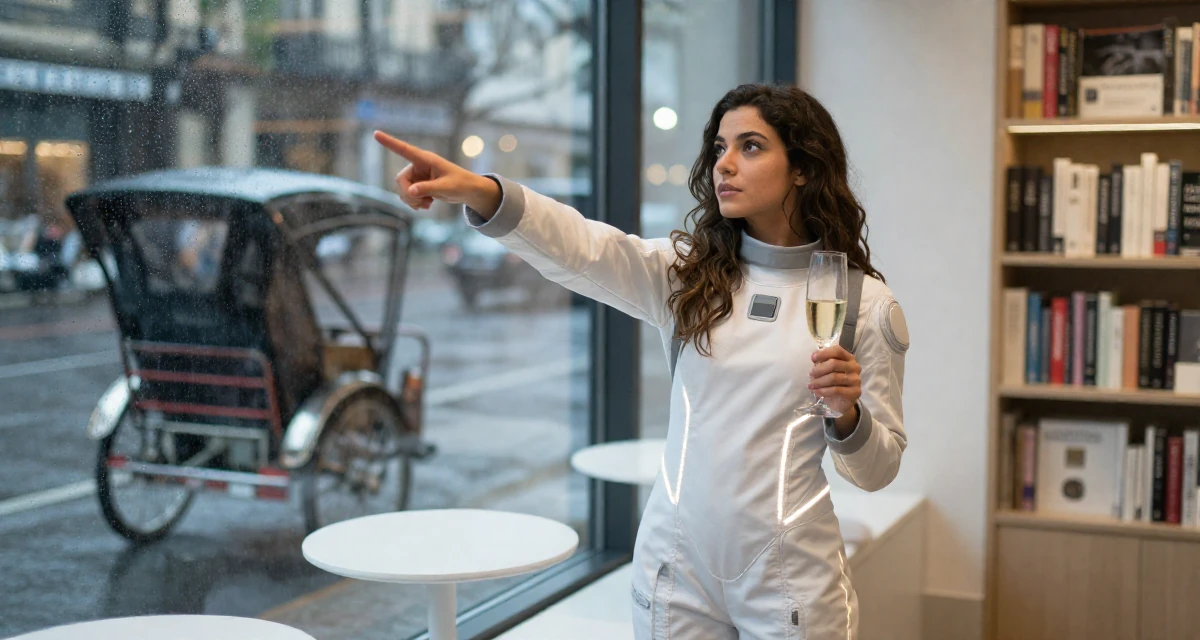 A dreamy Female From Spain, majored in public relations and advertising in their 22, adjusting to the 9-to-5 routine after college, wearing a futuristic space pilot plugsuit with glowing lines, holding a champagne glass in a bookstore aisle.