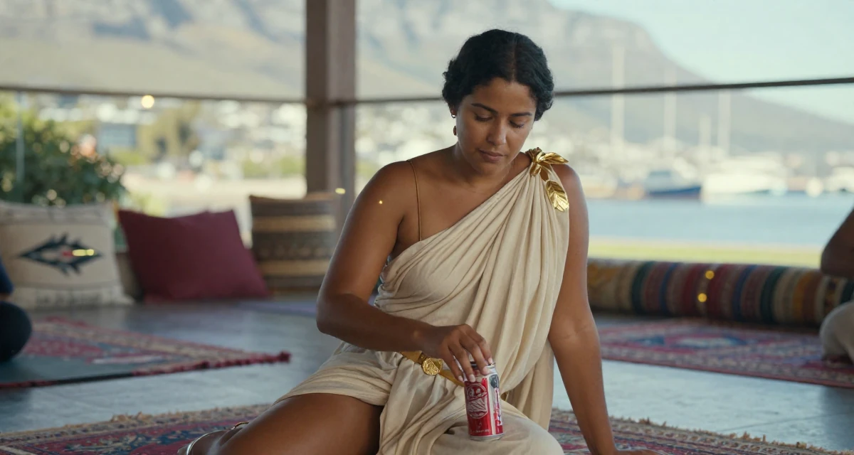 A sympathetic Female From South Africa, based in Cape Town, graduated from a fashion university majoring in body-positive styling in their 33, seeking a deeper connection with nature, wearing a greek goddess toga with gold leaf accessories, opening a soda can in a yoga studio.