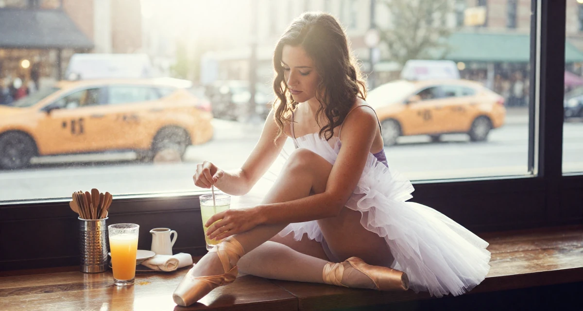 A resilient Female From Chicago USA, practiced nightlife photography storytelling in their 25, experimenting with outfit themes and props, wearing a ballet tutu and satin pointe shoes, stirring a drink in a breakfast nook.