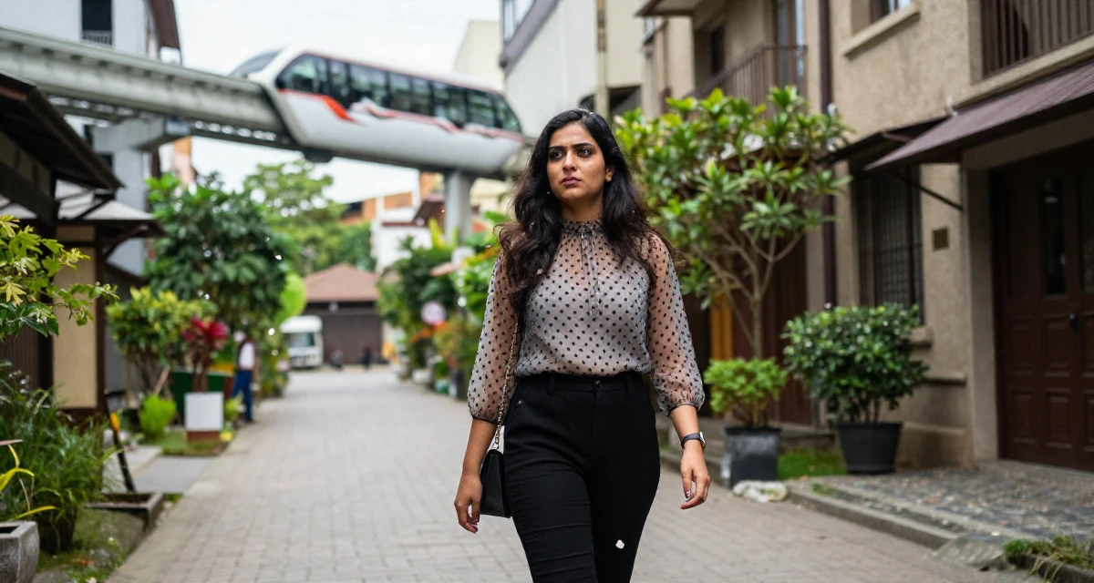 A defiant Female From Mumbai India, studied film production in their 25, thinking about quitting but too deep to walk away, wearing a sheer polka dot blouse and black trousers, catching a falling flower petal in a quaint European street.