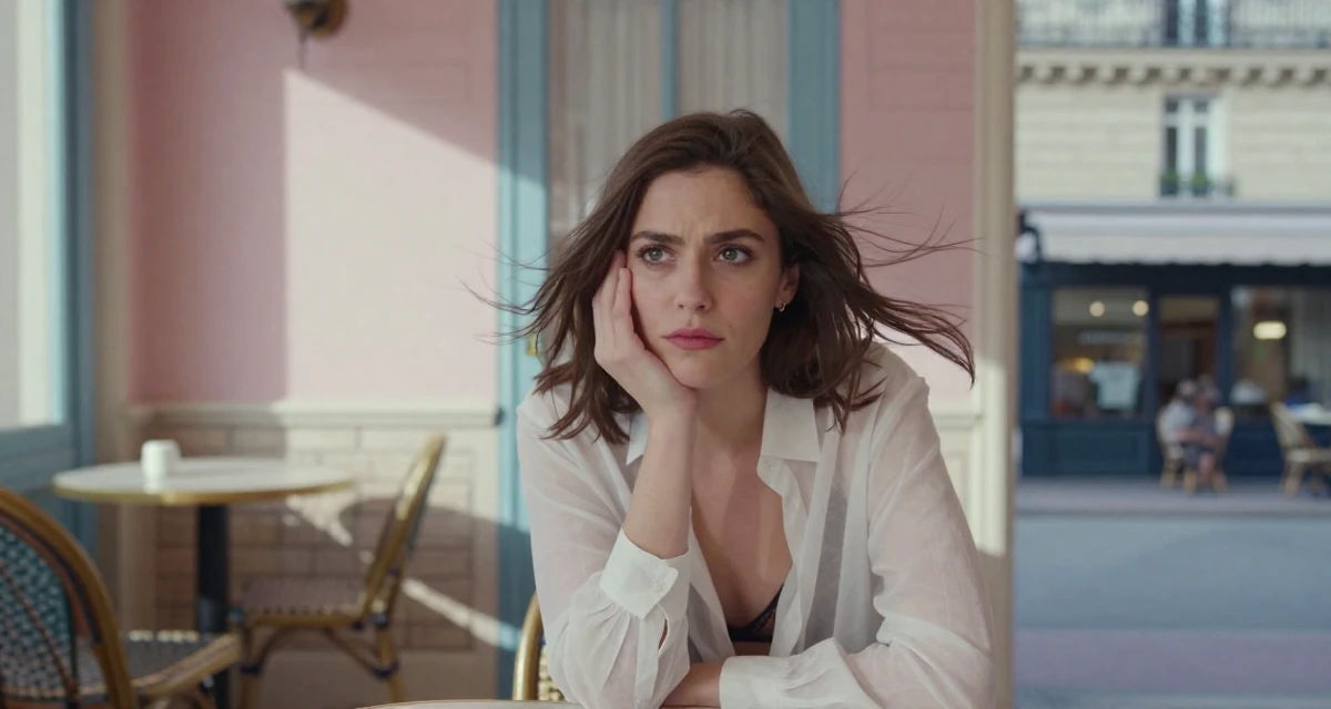 A charming Female From Bolivia, studied graphic design at a technical school in their 22, facing uncertainty about future stability, wearing a translucent white blouse and a dark bra underneath, shielding face from the wind in a loft apartment with brick walls.