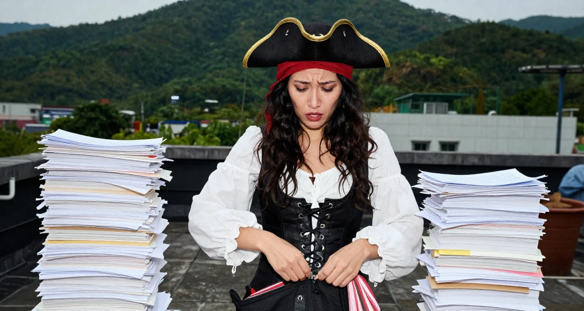 A emotional Female Previously a stay-at-home mom, now monetizing relatable lifestyle content in their 20, feeling overwhelmed by academic pressure and expectations, wearing a pirate captain outfit with a corset and tricorn hat, zipping up a bag in a rooftop garden.