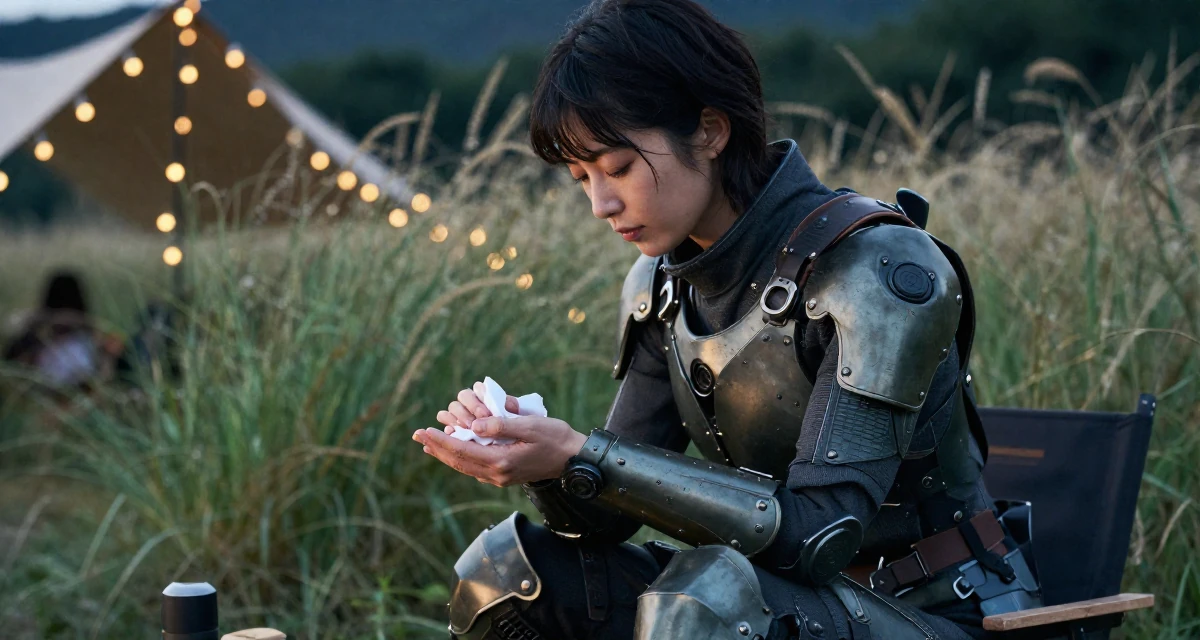 A peaceful Female From Japan, studied early childhood education in their 24, refining a signature style between classy and daring, wearing a biopunk organic armor suit, wiping hands in a camping site.