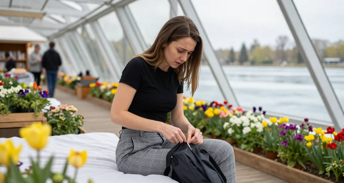 A emotionally moved Female Former library assistant, now creating cozy reading-corner aesthetics in their 24, maintaining anonymity while growing faster, wearing a grey plaid trousers and a fitted black tee, zipping up a bag in a bustling market.