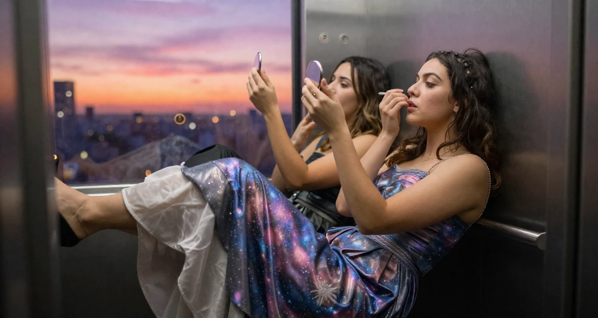 A unbothered Female Once a recruitment assistant, now creating relatable work-life content in their 25, focusing on deep meaningful friendships, wearing a galactic princess gown with metallic fabrics, checking makeup in a compact mirror in a corporate elevator.