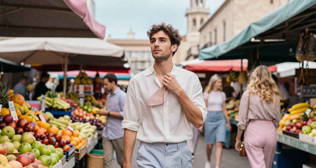 A dreamy male From Spain, based in Barcelona, graduated from a fashion institute majoring in body styling in their 28, leading a small team for the first time, wearing a light and airy spring attire, adjusting a collar in a bustling market.
