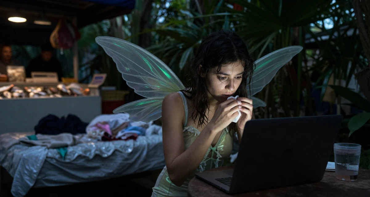 A glowing Female From Budapest Hungary, explored sensual character-based content in their 21, feeling lonely despite being constantly online, wearing a fairy costume with translucent iridescent wings, wiping hands in a botanical garden.