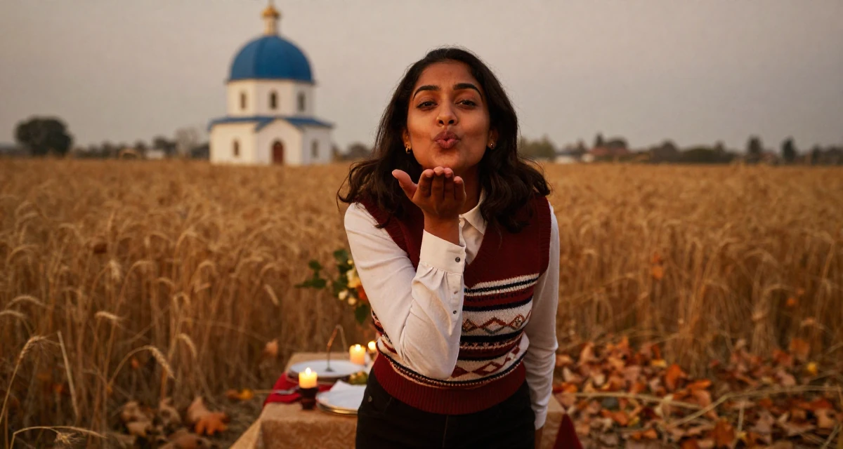 A ecstatic Female From India, majored in fashion technology in their 25, trying to avoid burnout from overthinking every post, wearing a preppy sweater vest combo, blowing a kiss in a golden wheat field.