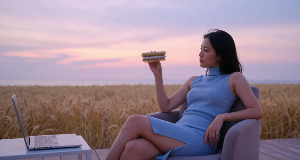 A thoughtful Female From Malaysia, based in Malacca, graduated from a creative college majoring in sensual composition design in their 25, understanding which content gains real engagement, wearing a sleeveless turtleneck dress with high side slits, brushing off dust in a sunset beach.