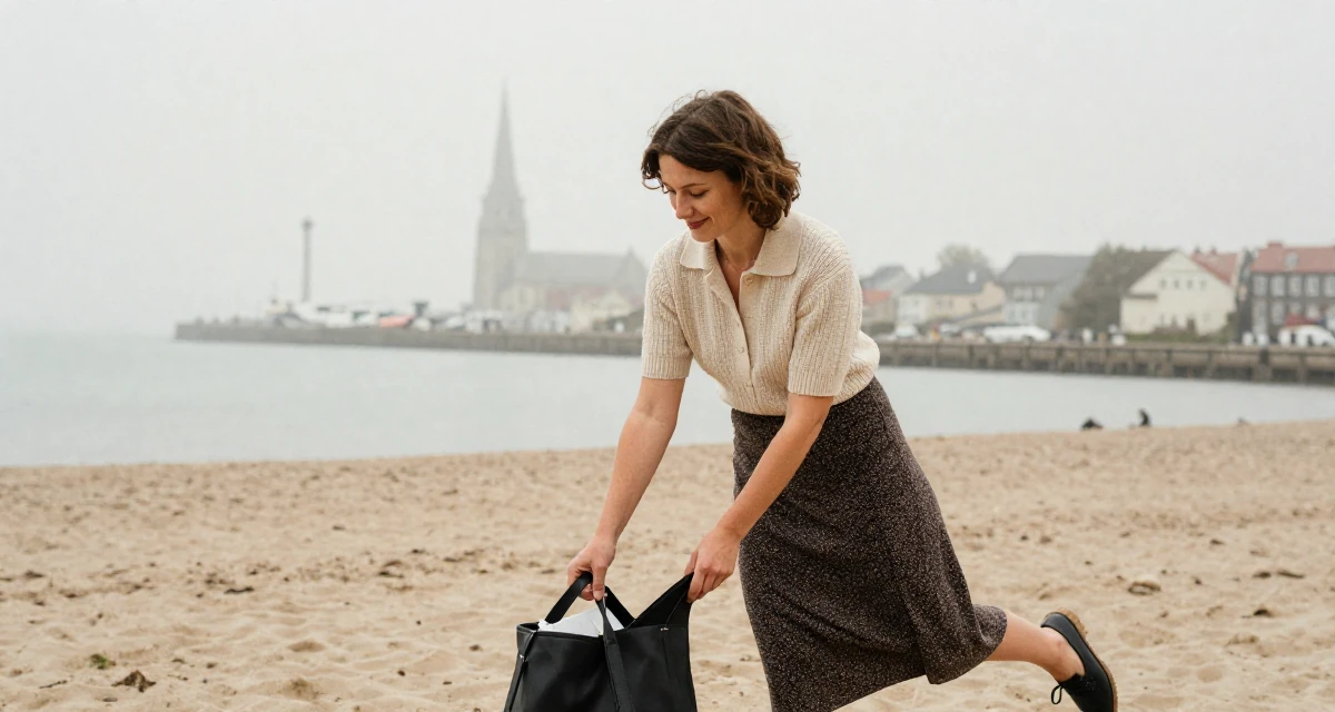 A blissful Female From Poland, majored in international relations in their 37, navigating the world of freelance consulting, wearing a knitted polo shirt tucked into a midi skirt, reaching into a bag in a foggy harbor.