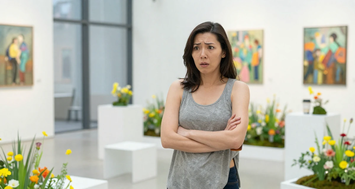 A stunned Female From Chongqing China, holds a degree in psychology in their 37, rebuilding savings after unexpected expenses, wearing a loose tank top with deep side cuts, holding a cold drink in a art gallery.