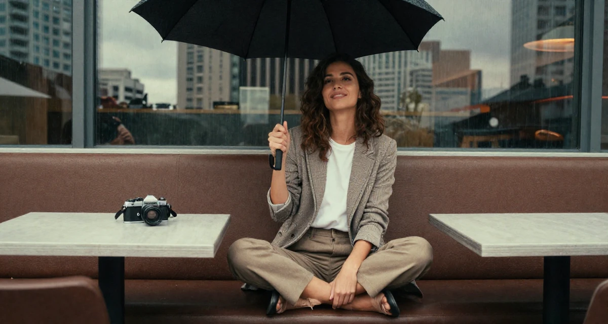 A warm Female From Milan Italy, studied fashion styling in their 24, struggling with inconsistent motivation, wearing a modern casual lifestyle wear, shaking rain off an umbrella in a restaurant booth.