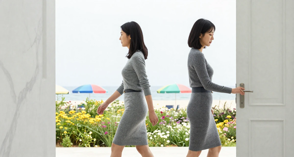 A unbothered Female From Busan South Korea, majored in industrial design in their 38, supporting spouse’s career shift, wearing a form-fitting sweater dress with a belt, opening a door in a blooming flower garden.