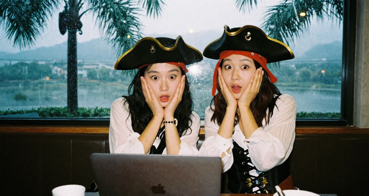 A surprised Female From Hangzhou China, majored in visual arts in their 25, focusing on deep meaningful friendships, wearing a pirate captain outfit with a corset and tricorn hat, holding a laptop in a rainy window seat.