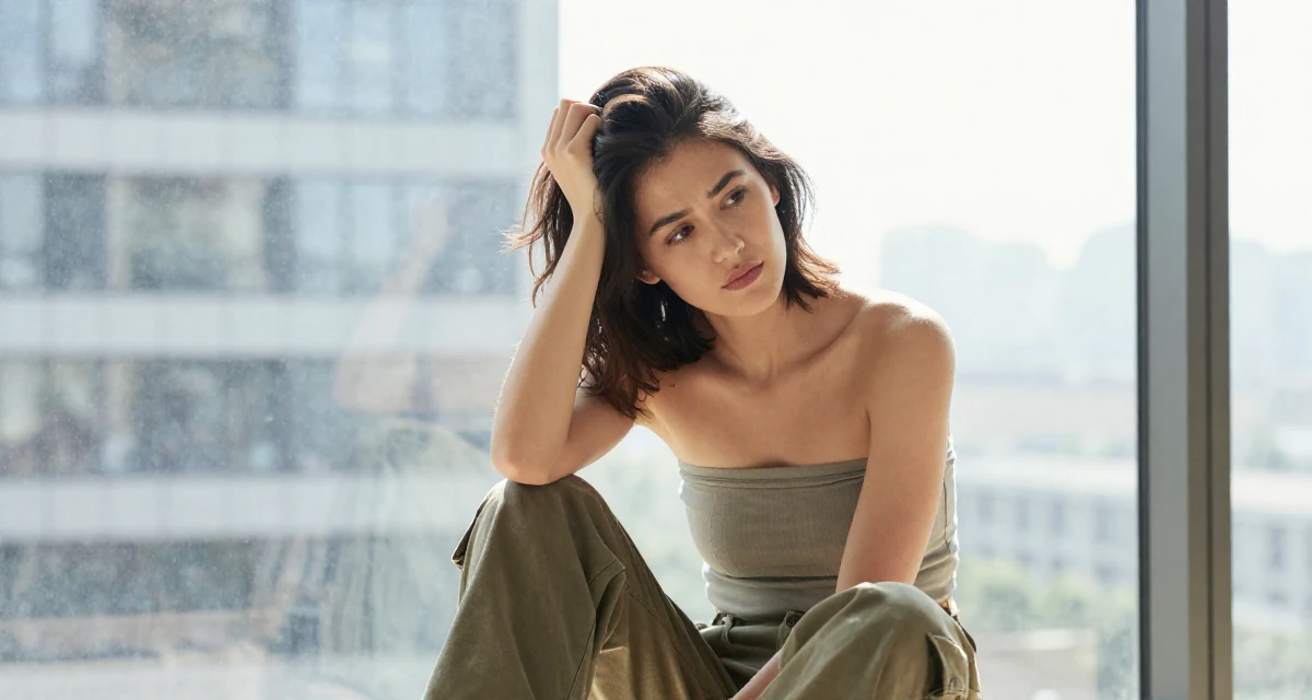 A nostalgic Female Once an art school dropout, now a self-taught creator with signature style in their 22, choosing bolder themes with more creative direction, wearing a strapless tube top and cargo pants, scratching the head in confusion in a high-rise office building.