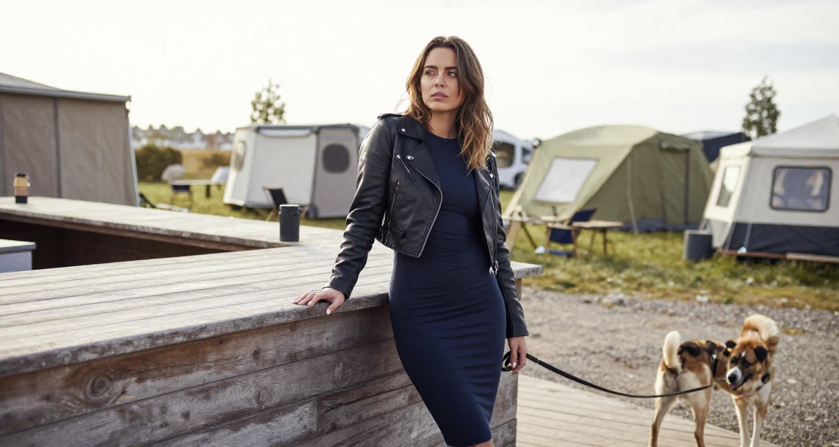 A unimpressed Female From Copenhagen Denmark, majored in architecture in their 29, accepting that progress is messy and nonlinear, wearing a cropped leather jacket and a bodycon dress, walking a dog (leash visible) in a camping site.