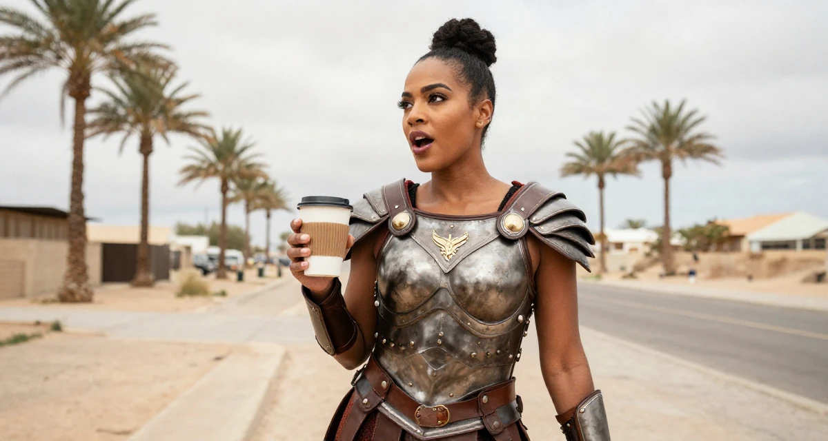 A eager Female From Trinidad & Tobago, studied performing arts in their 42, sharing the journey of perimenopause health, wearing a gladiator armor with leather straps and a metal breastplate, holding a cup of coffee in a desert landscape.
