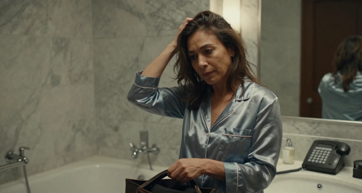 A calmly observant Female Former street-dance trainee, now offering choreography-based fan content in their 40, supporting aging parents, wearing a satin pajamas set with the top unbuttoned, closing a bag in a marble bathroom with a tub.